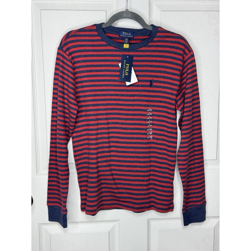 Polo Ralph Lauren Boys L 14-16 Red Blue Stripe Crewneck Long Sleeve Logo Tee NWT